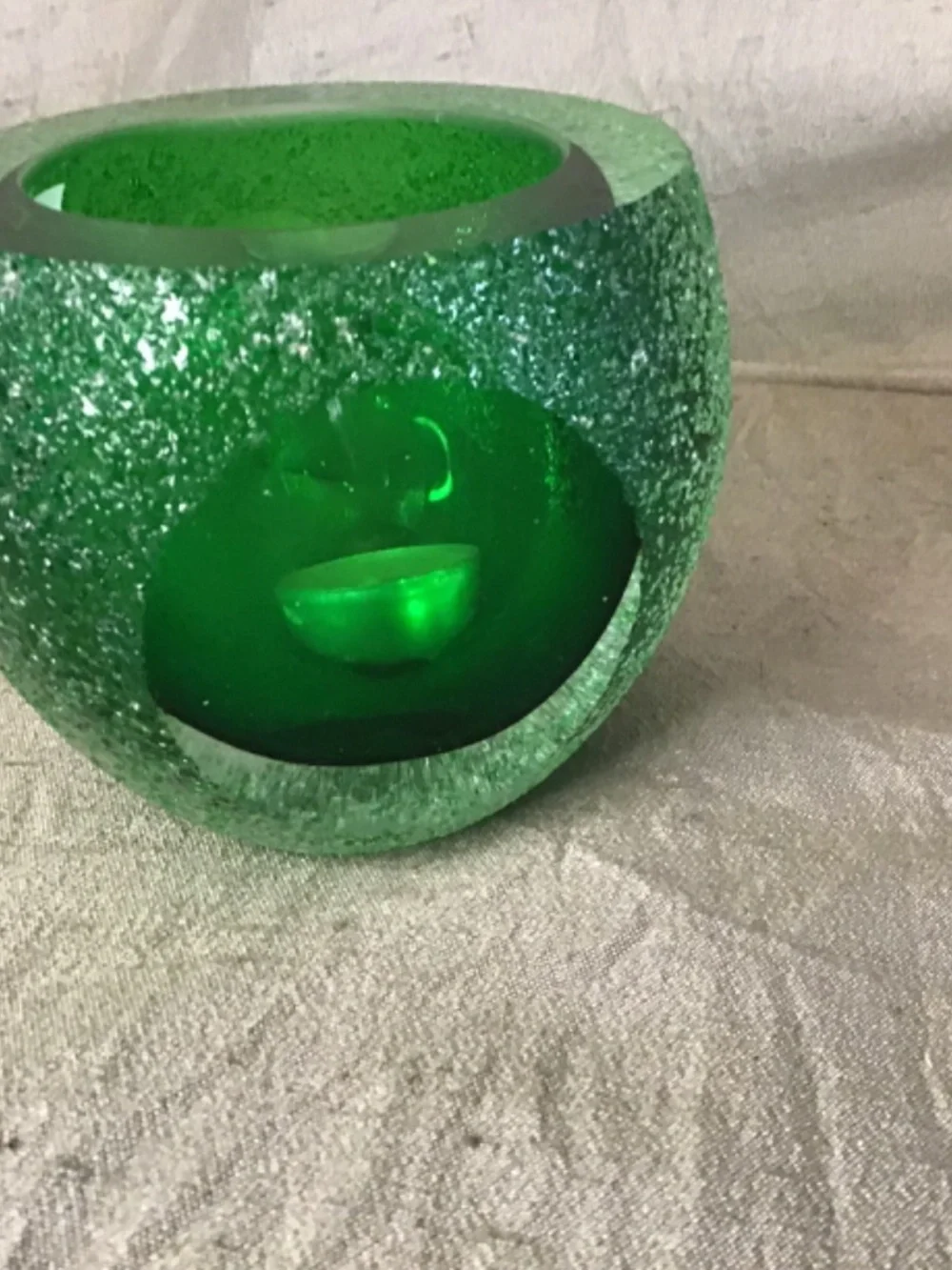 NWT- MCM “Geode” Green Votive Handmade Art Glass Sugared Candle Holder w/ Box